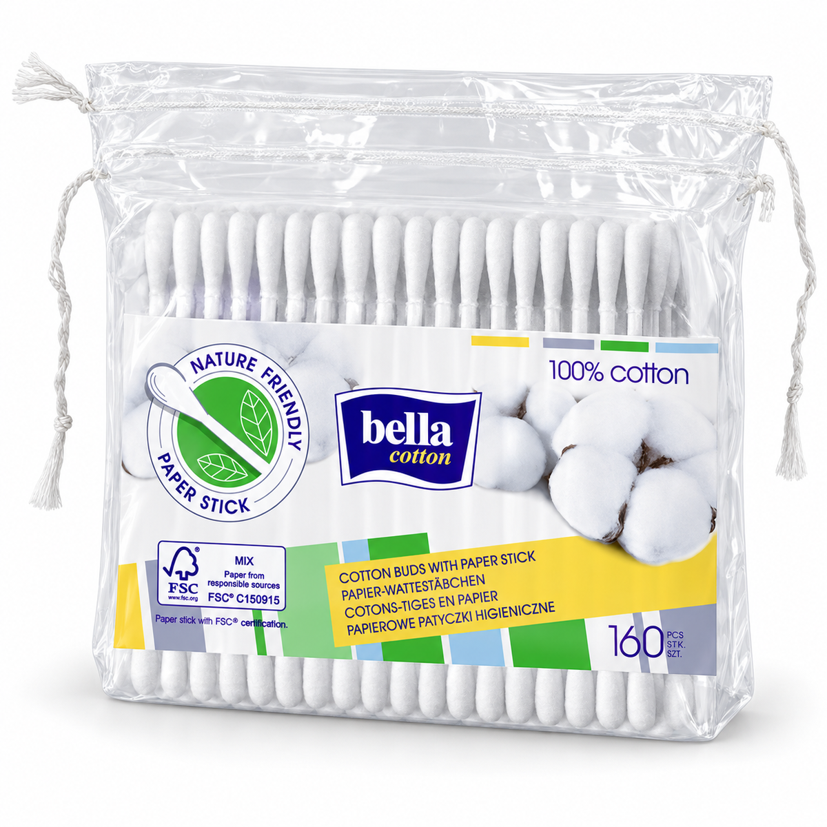 Bella Cotton Paper-Stick Cotton Swabs, 160 Count – Pouch | Bella Cotton – papierowe patyczki higieniczne, 160 sztuk, woreczek