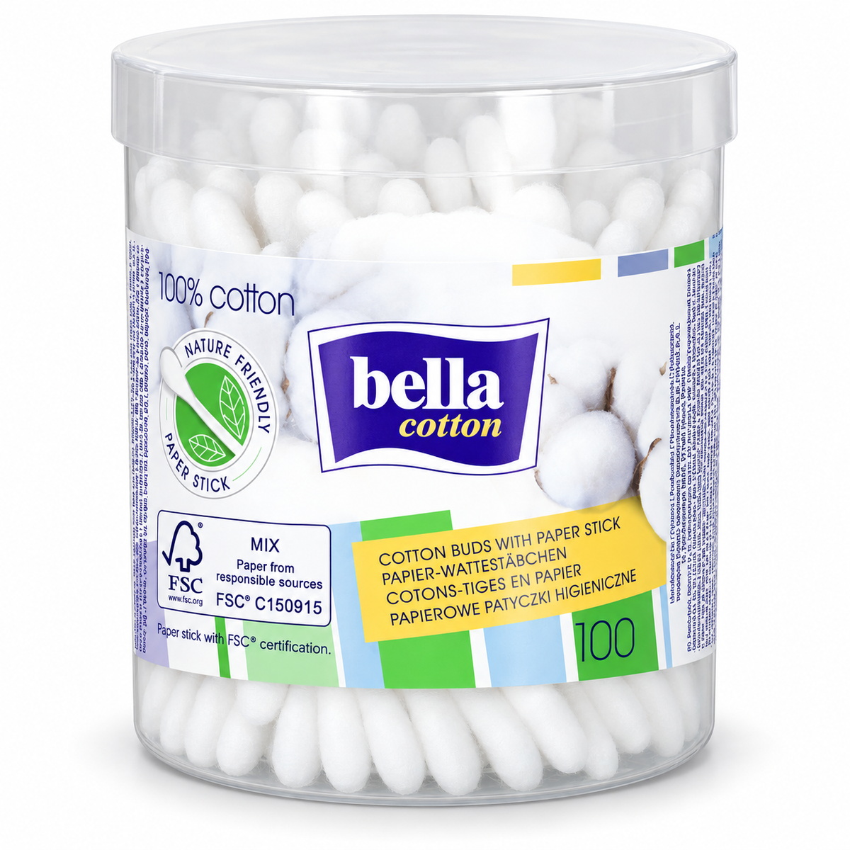 Bella Cotton Paper-Stick Cotton Swabs, 100 Count – Round Tub | Bella Cotton – papierowe patyczki higieniczne, 100 sztuk, okrągłe pudełko
