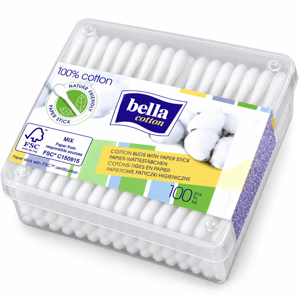 Bella Cotton Paper-Stick Cotton Swabs, 100 Count – Square Box | Bella Cotton – papierowe patyczki higieniczne, 100 sztuk, kwadratowe pudełko