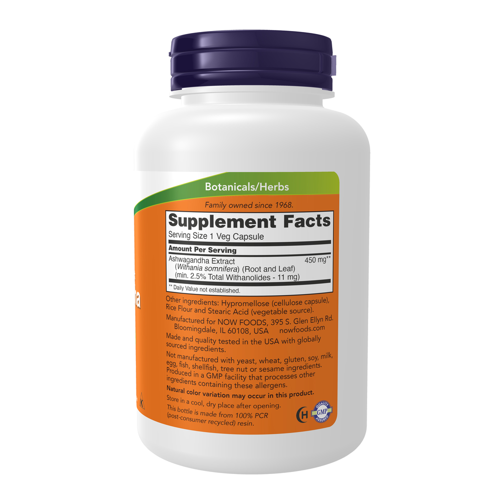 NOW Foods Ashwagandha 450 mg - 180 Veg Capsules – Right label / Etykieta producenta