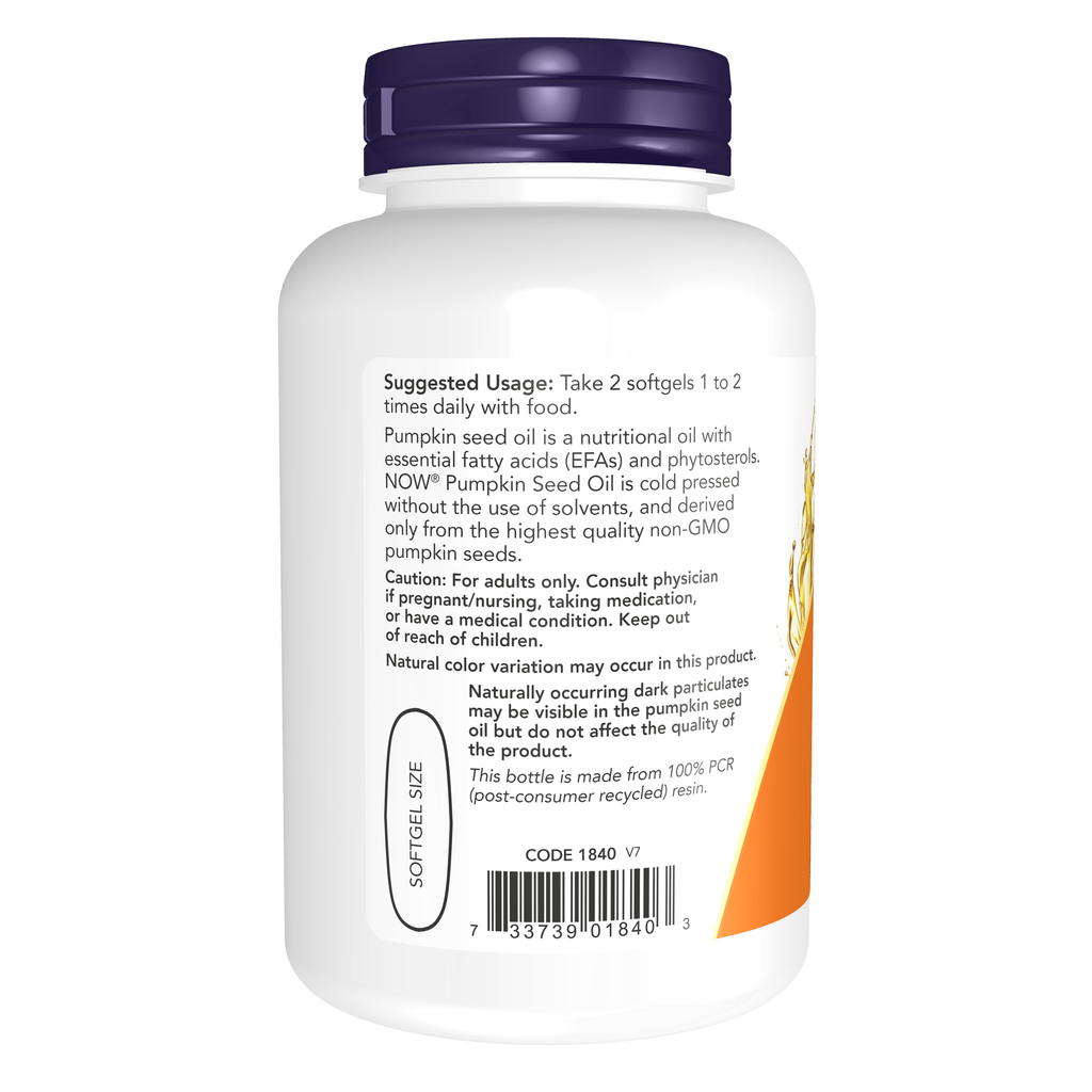 NOW Foods Pumpkin Seed Oil 1000 mg - 100 Softgels – Left label / Etykieta producenta
