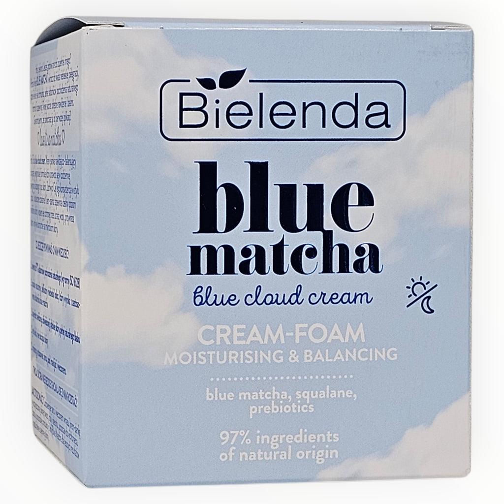 Bielenda Blue Matcha blue cloud cream packaging with a sky and cloud design.