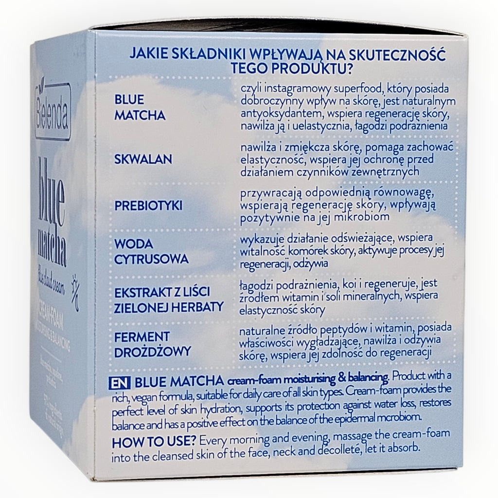 bielenda blue matcha with ingredient list and usage instructions on a white background
