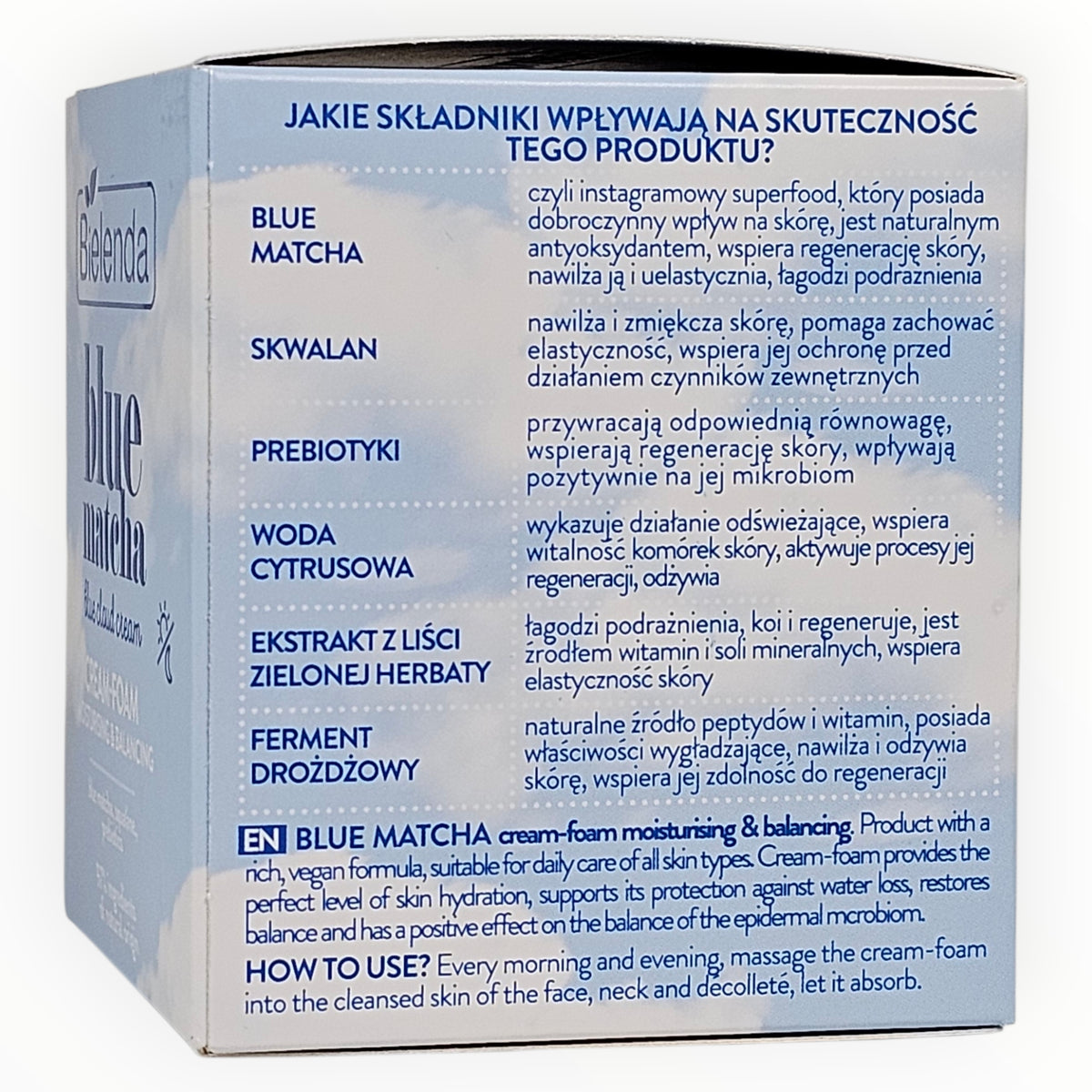 bielenda blue matcha with ingredient list and usage instructions on a white background