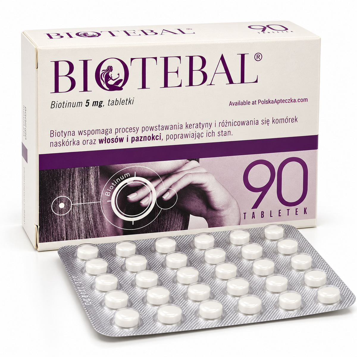 Biotebal Biotin 5 mg 90 Tablets box and blister on white / Biotebal biotyna 5 mg 90 tabletek — opakowanie i blister na białym tle