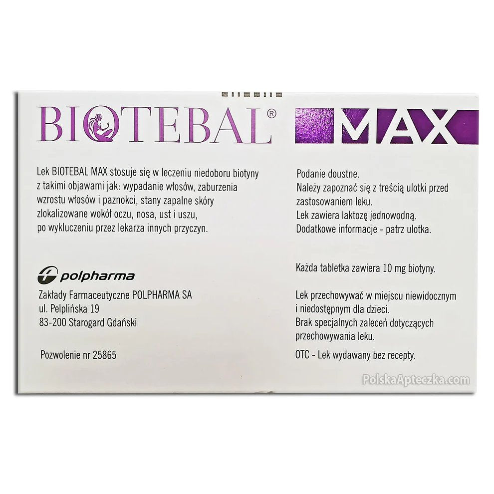 Biotebal Max Biotin Supplement Back Label – Dosage Instructions and Manufacturer Information – 10 mg Biotin