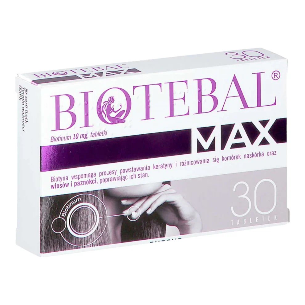Biotebal Max 10 mg Biotin Tablets – Front Packaging – Hair, Skin, Nail Support Supplement – 30 Tablets