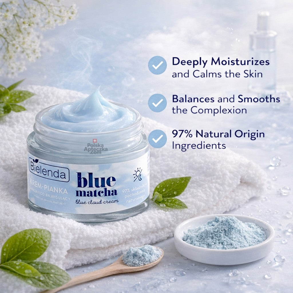 Bielenda Blue Matcha cream jar with ingredients on a soft background