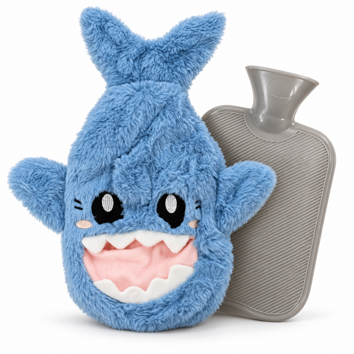 Blue shark plush hot water bottle cover with rubber bottle insert – Sanity | Termofor gumowy z niebieskim pluszowym pokrowcem rekin – Sanity
