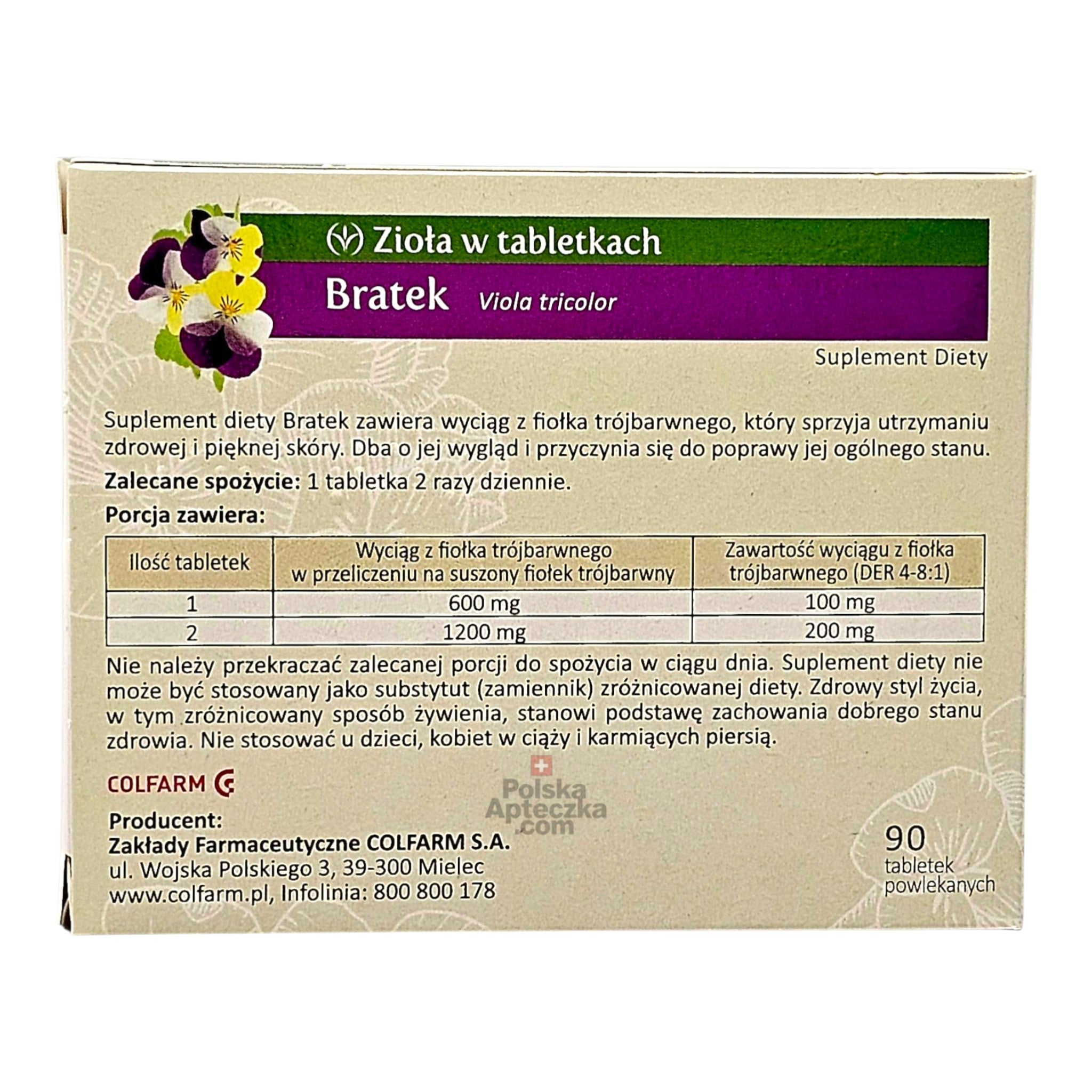 Bratek 90 Tablets Colfarm box inredients