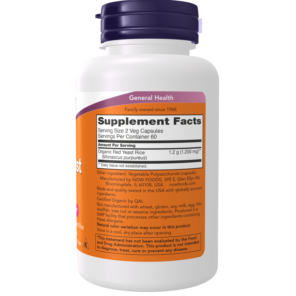 NOW Foods Red Yeast Rice 600 mg - 120 Veg Capsules – Right label / Etykieta producenta