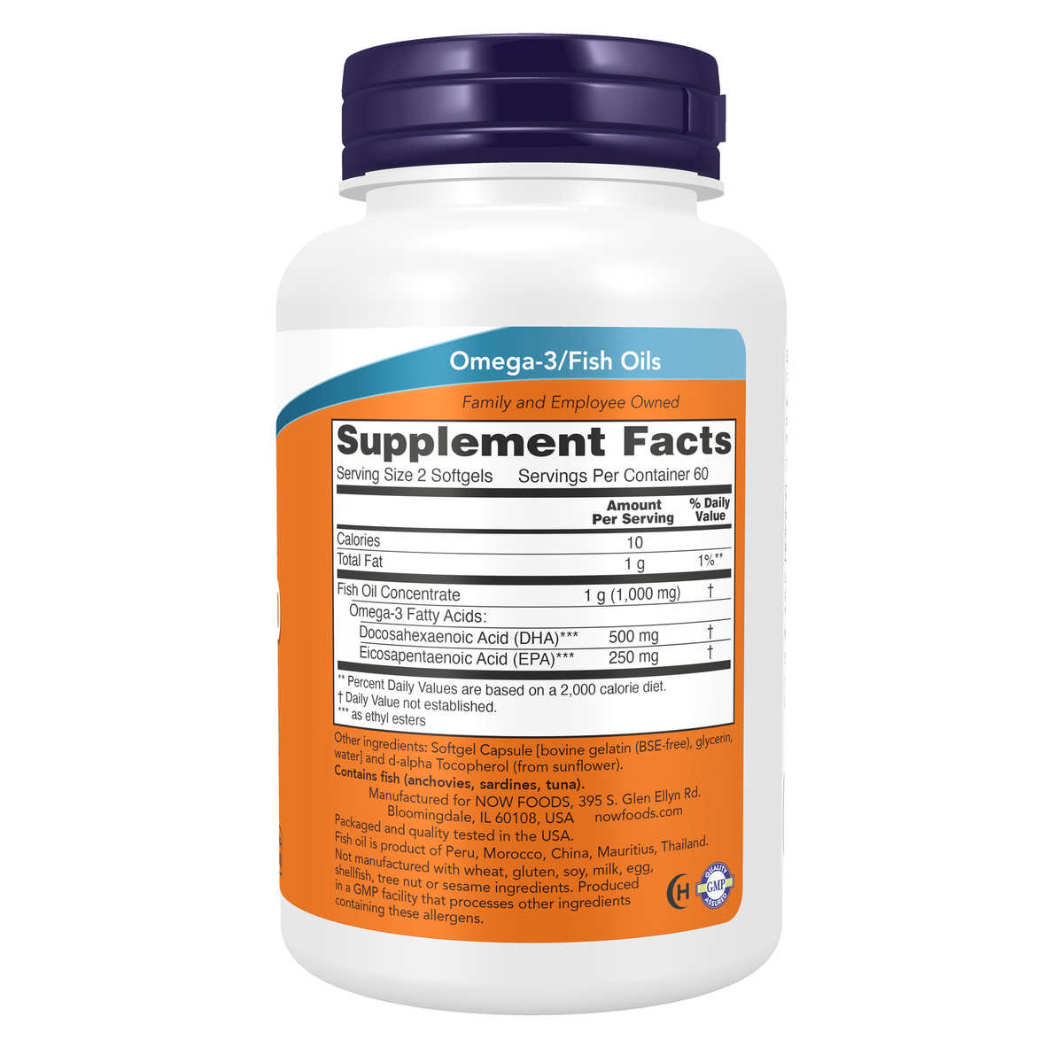 NOW Foods DHA-250 Fish Oil - 120 Softgels – Right label / Etykieta producenta