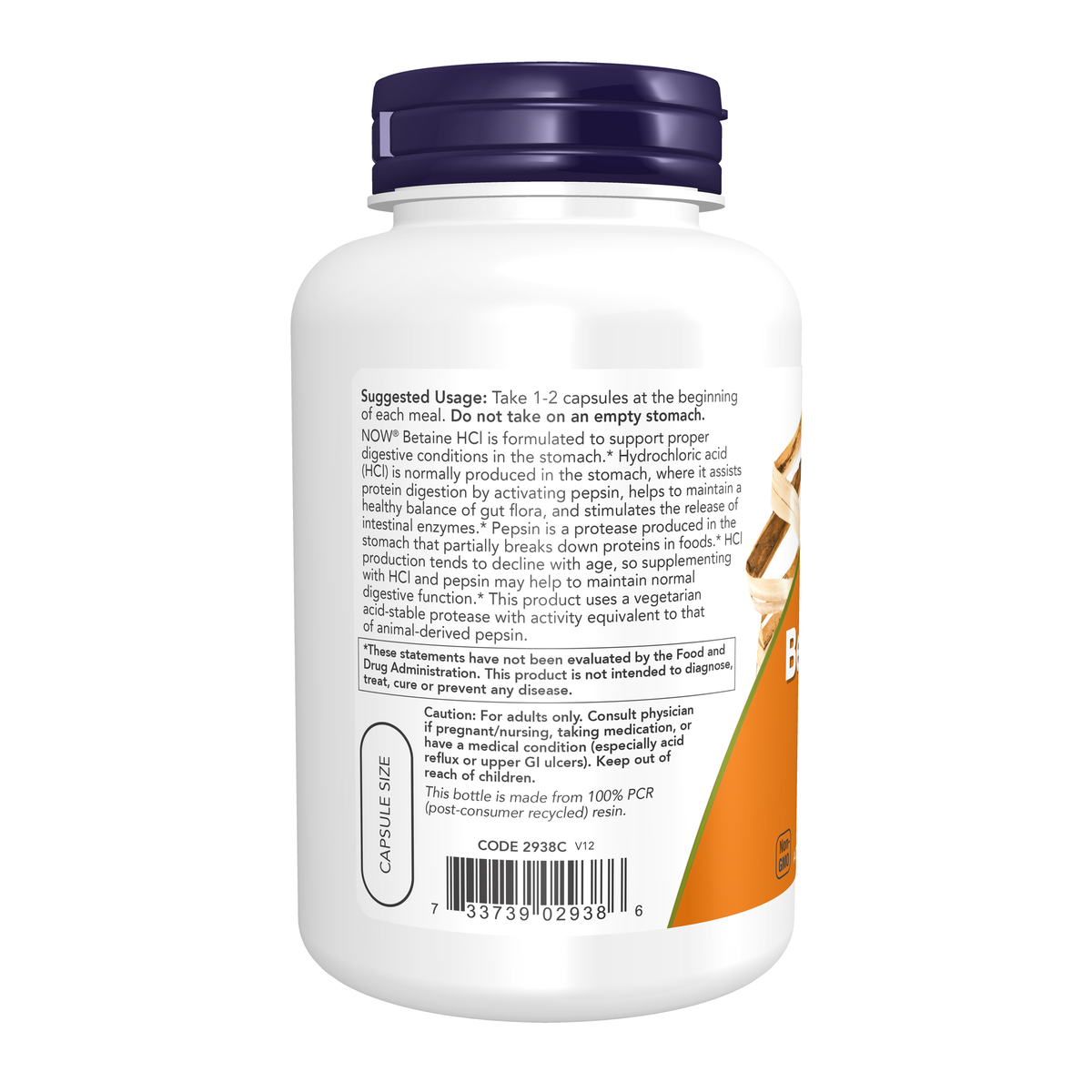 NOW Foods Betaine HCl 648 mg - 120 Veg Capsules – Left label / Etykieta producenta