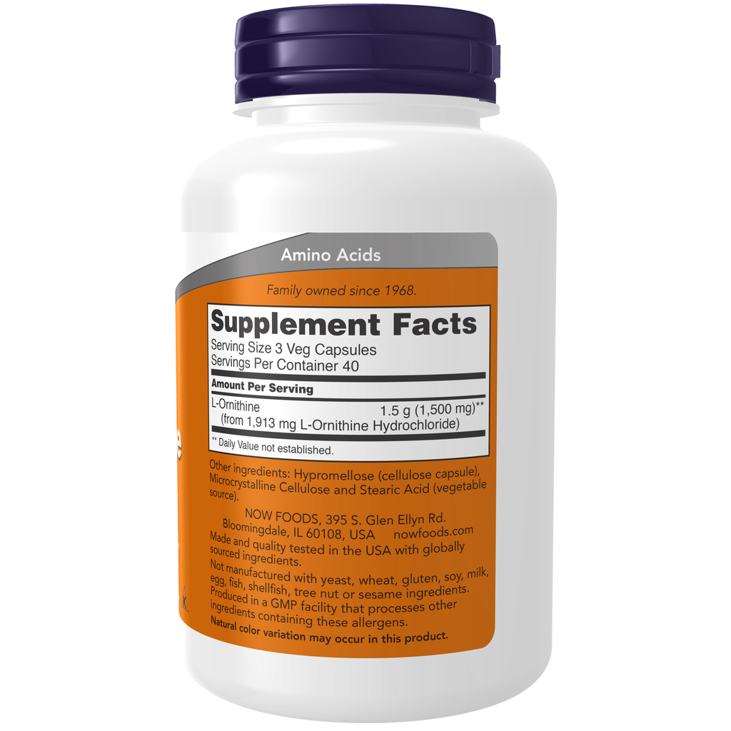 NOW Foods L-Ornithine 500 mg - 120 Veg Capsules – Label details / Etykieta producenta