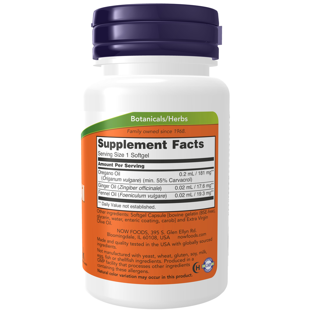 NOW Foods Oregano Oil - 90 Softgels – Label details / Etykieta producenta