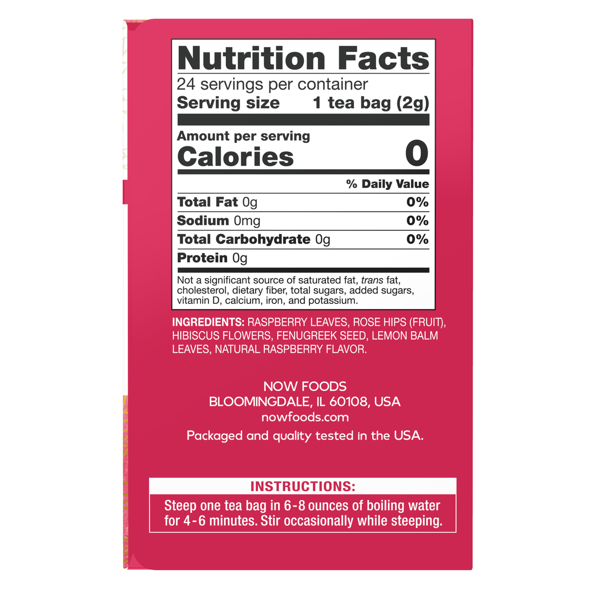 NOW Foods Red Raspberry Tea - 24 Tea Bags – Label details / Etykieta producenta