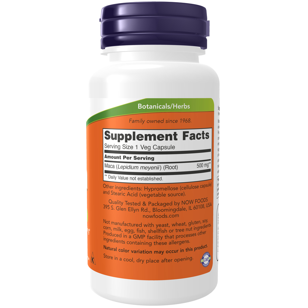 NOW Foods Maca 500 mg - 100 Veg Capsules – Label details / Etykieta producenta
