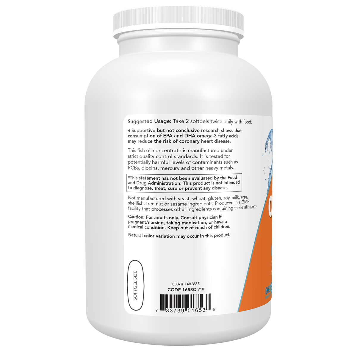 NOW Foods Omega-3 Fish Oil, Molecularly Distilled - 500 Softgels – Left label / Etykieta producenta