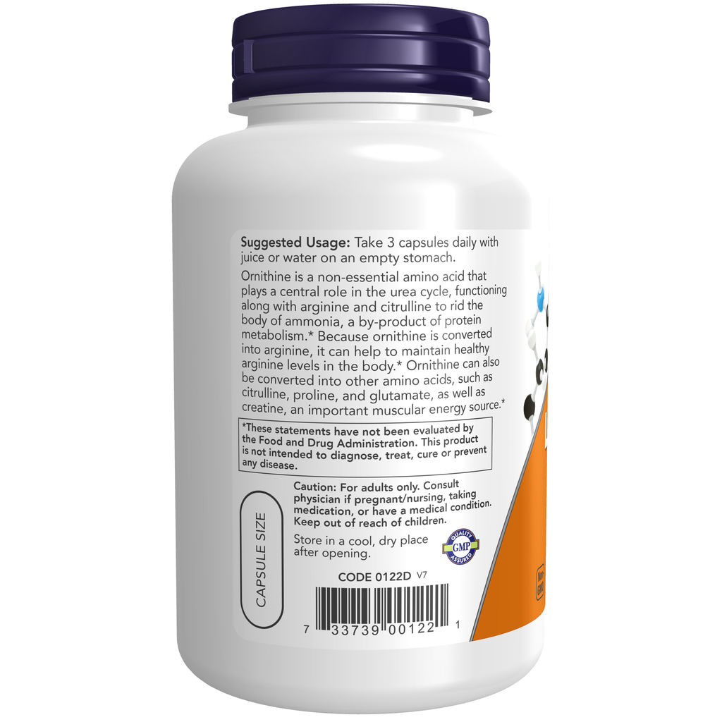 NOW Foods L-Ornithine 500 mg - 120 Veg Capsules – Label details / Etykieta producenta
