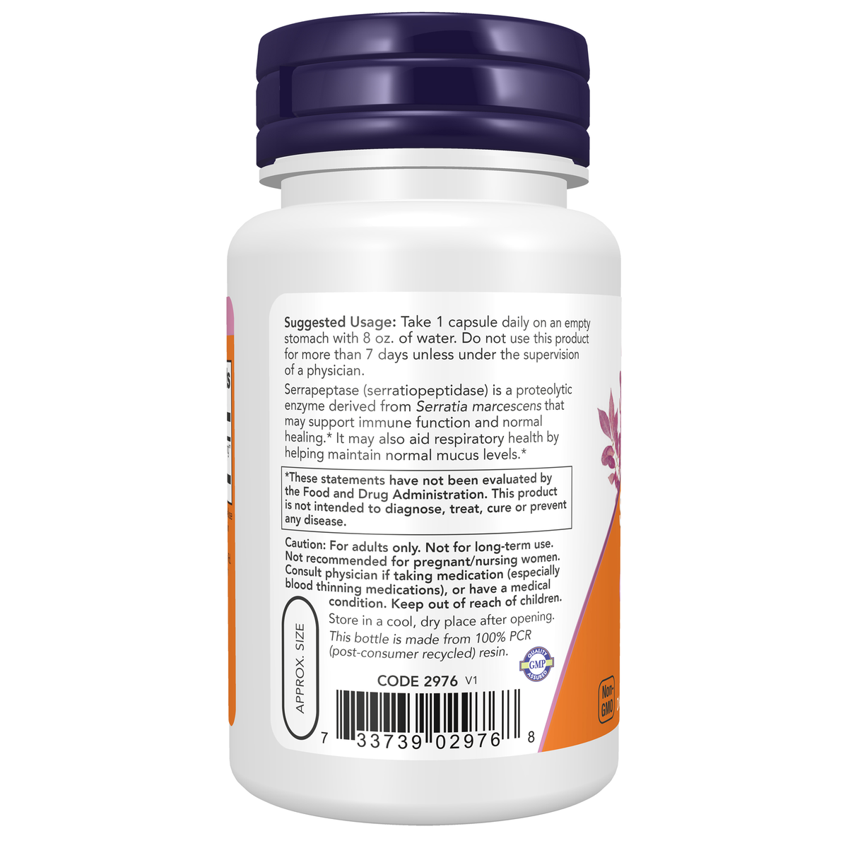 NOW Foods Serrapeptase - 90 Veg Capsules – left label / Etykieta producenta