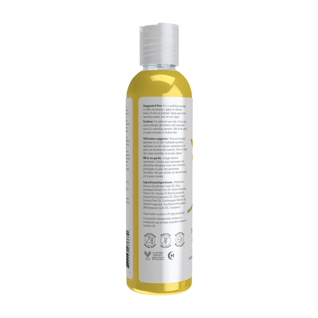 NOW Foods Arnica Soothing Massage Oil - 8 fl. oz. – Left label / Etykieta producenta