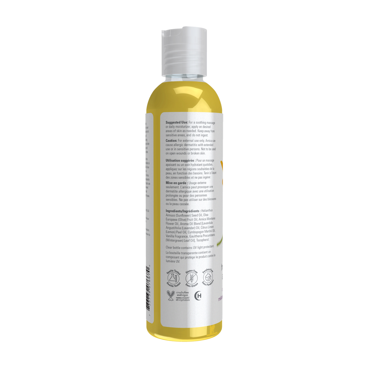 NOW Foods Arnica Soothing Massage Oil - 8 fl. oz. – Left label / Etykieta producenta