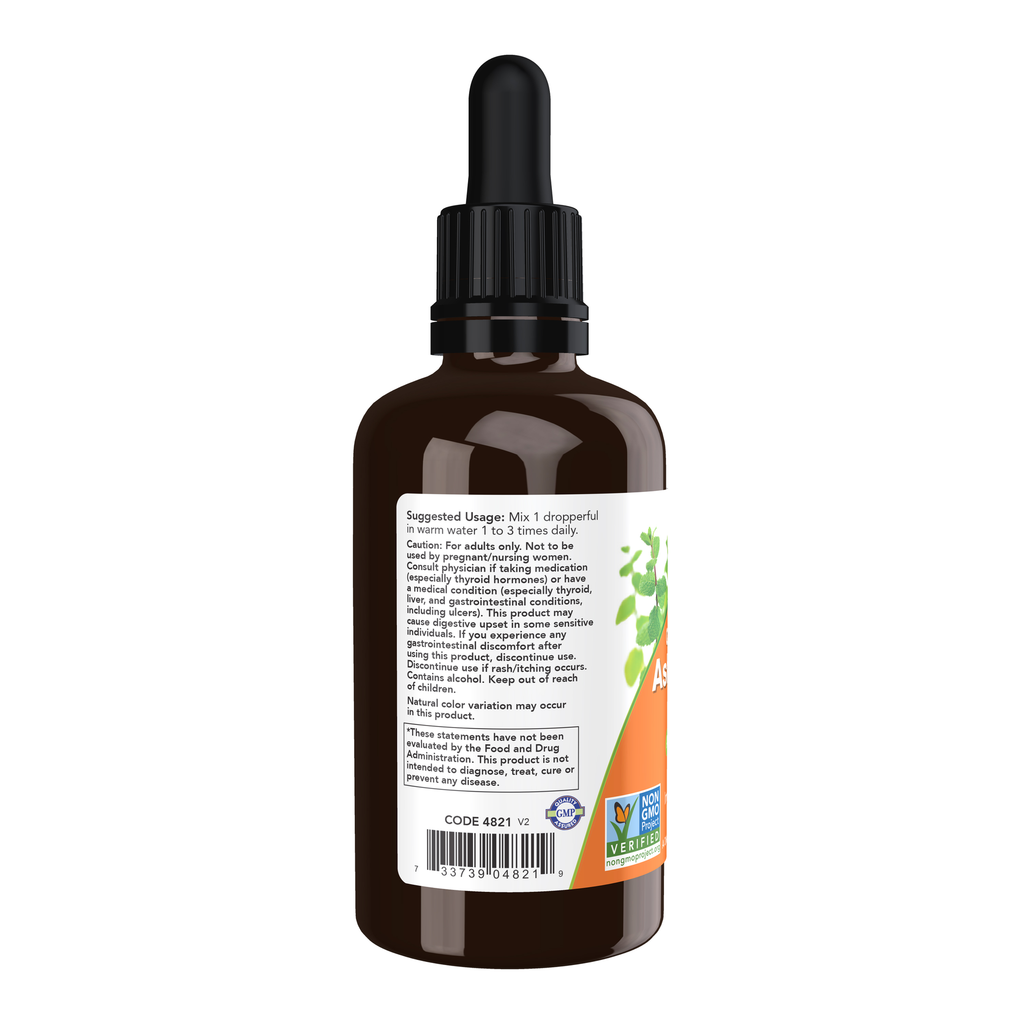 NOW Foods Ashwagandha Extract Liquid, Organic - 2 fl. oz. – Left label / Etykieta producenta