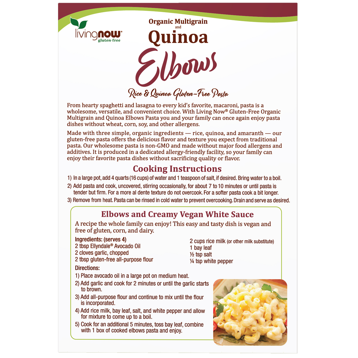 NOW Foods Quinoa Macaroni, Organic - 8 oz. – Back label / Etykieta producenta