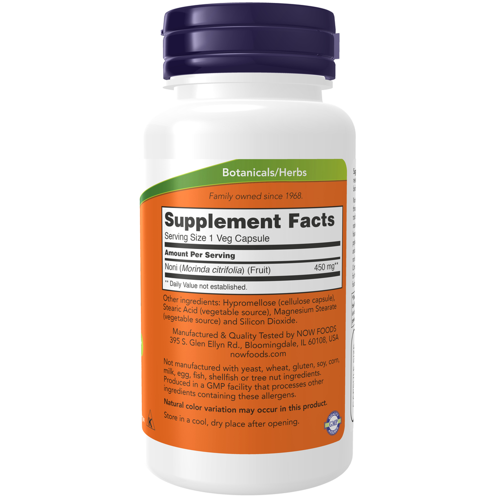 NOW Foods Noni 450 mg - 90 Veg Capsules – Label details / Etykieta producenta