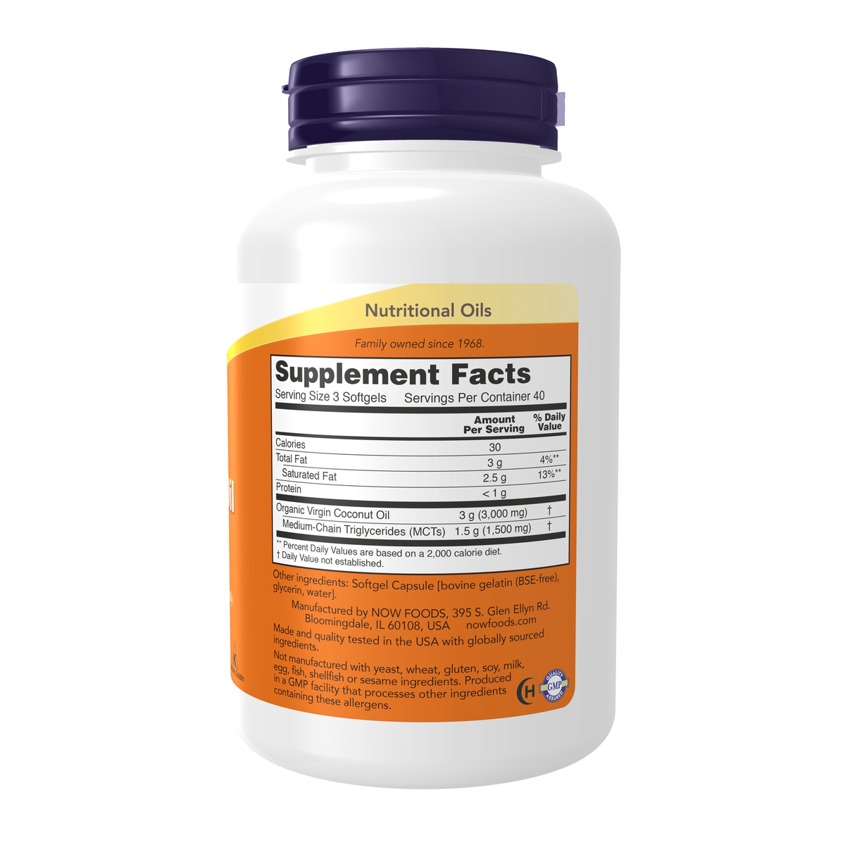 NOW Foods Virgin Coconut Oil 1000 mg - 120 Softgels – Right label / Etykieta producenta