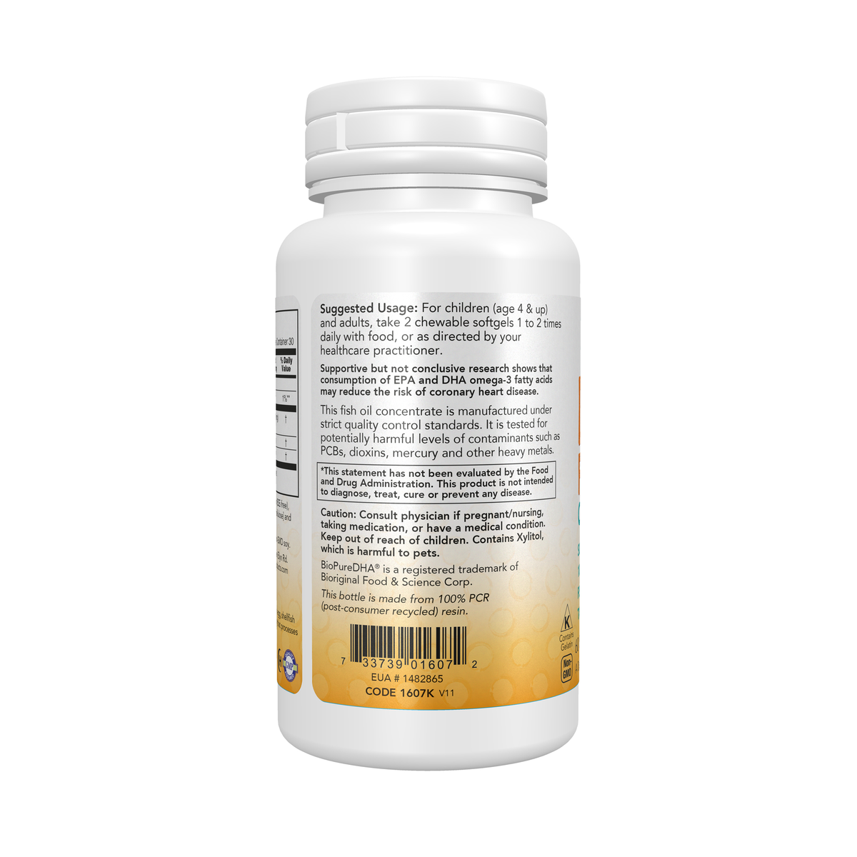 NOW Foods DHA Kids Fish Oil Chewable - 60 Chewable Softgels – Left label / Etykieta producenta