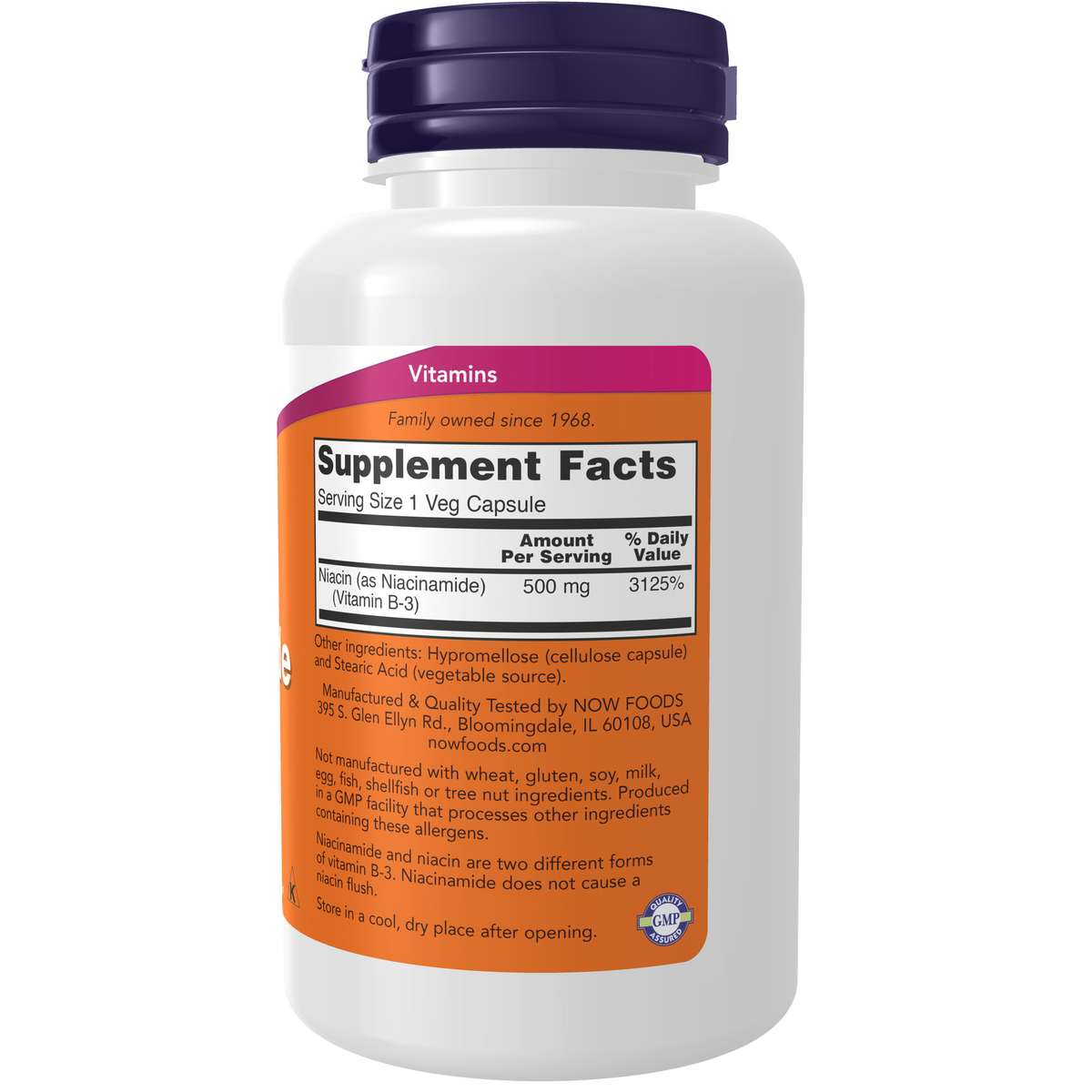 NOW Foods Niacinamide (B-3) 500 mg - 100 Veg Capsules – Label details / Etykieta producenta