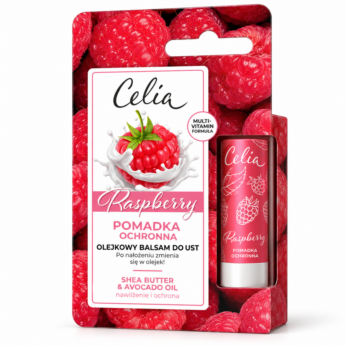 Celia Raspberry Moisturizing & Protective Oil Lip Balm 4 g on white background