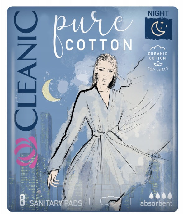 Cleanic Pure Cotton Night Pads, 10 Count / Pure Cotton podpaski na noc, 10 szt.