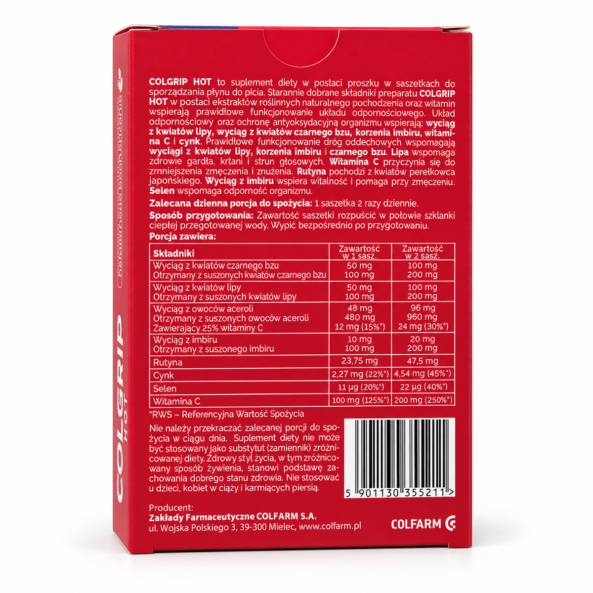 Colfarm Colgrip Hot rear carton showing active ingredients, directions and warnings