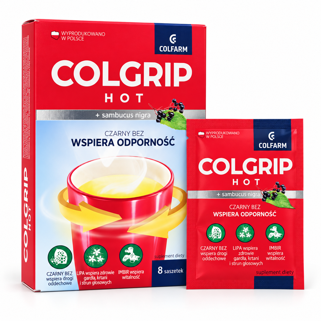 Colfarm Colgrip Hot immune support drink mix, carton with 8 sachets and sample sachet