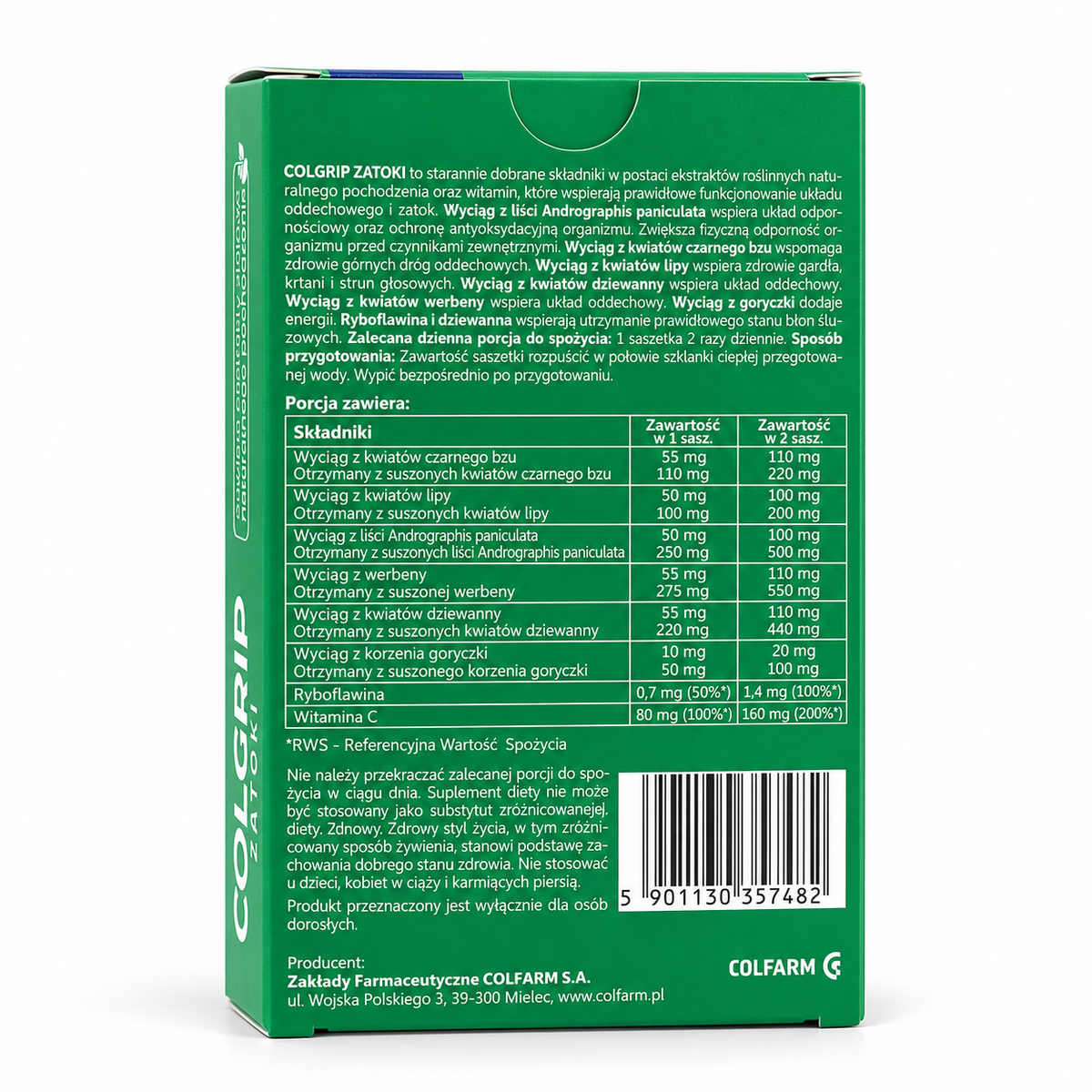 Colfarm Colgrip Sinus Support rear carton showing botanical extracts, vitamins and directions