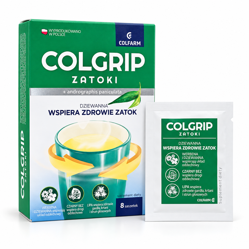 Colfarm Colgrip Sinus Support drink mix, 8 sachets, green carton and individual sachet