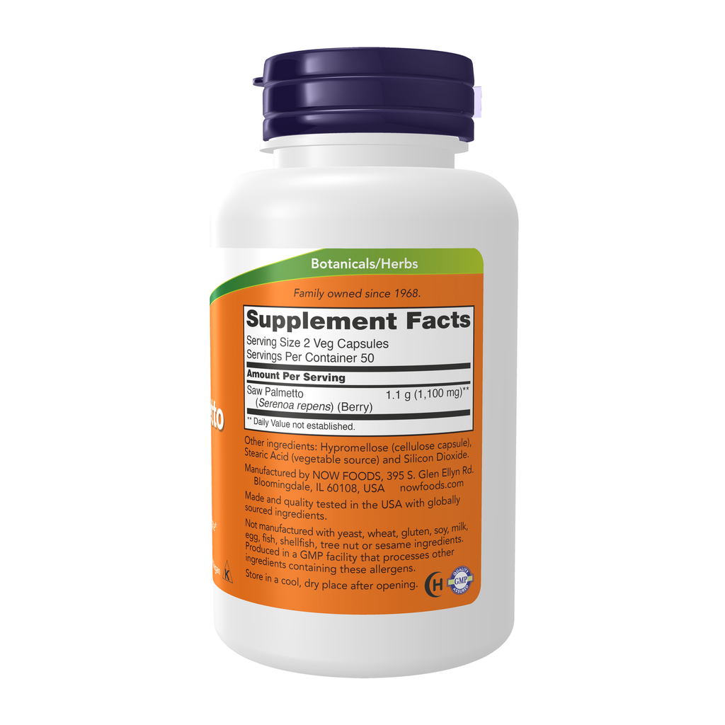 NOW Foods Saw Palmetto Berries 550 mg - 100 Veg Capsules – Right label / Etykieta producenta