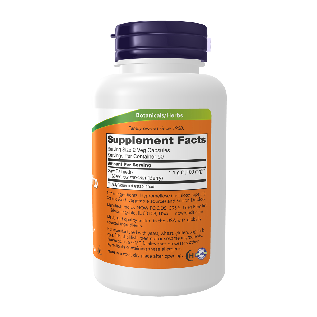 NOW Foods Saw Palmetto Berries 550 mg - 100 Veg Capsules – Right label / Etykieta producenta