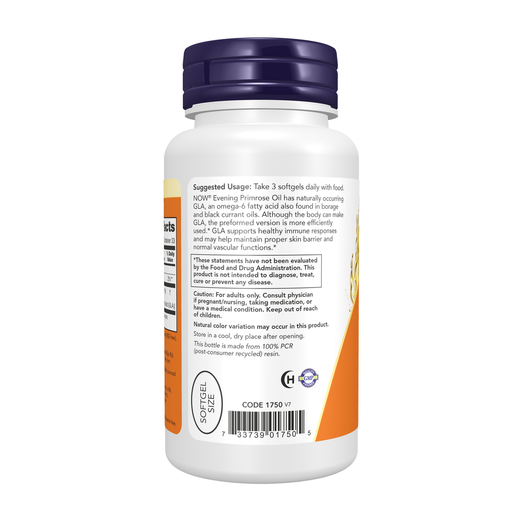 NOW Foods Evening Primrose Oil 500 mg -100 Softgels – Left label / Etykieta producenta