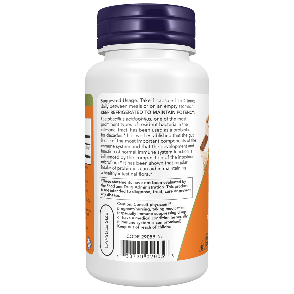 NOW Foods Acidophilus Two Billion - 100 Veg Capsules – Left label / Etykieta producenta