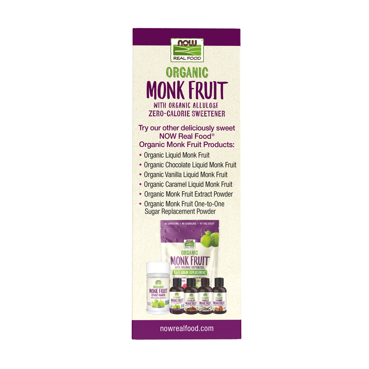 NOW Foods Monk Fruit, Organic - 70 Packets – Left label / Etykieta producenta