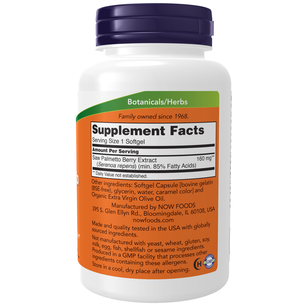 NOW Foods Saw Palmetto Extract 160 mg - 240 Softgels – Label details / Etykieta producenta