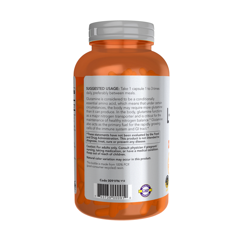 NOW Foods L-Glutamine, Double Strength 1000 mg - 240 Veg Capsules – Left label / Etykieta producenta