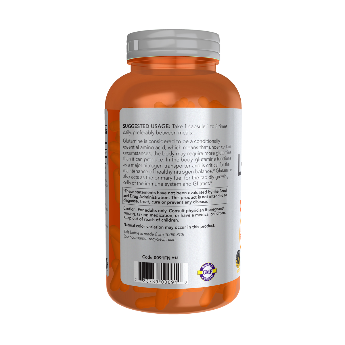 NOW Foods L-Glutamine, Double Strength 1000 mg - 240 Veg Capsules – Left label / Etykieta producenta