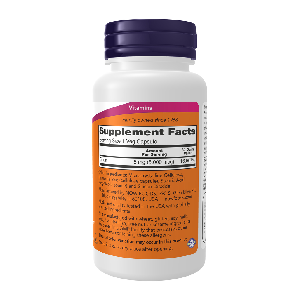 NOW Foods Biotin 5,000 mcg - 60 Veg Capsules – Right label / Etykieta producenta