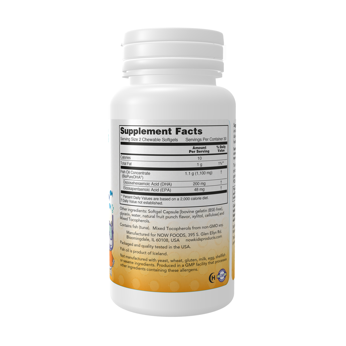 NOW Foods DHA Kids Fish Oil Chewable - 60 Chewable Softgels – Right label / Etykieta producenta