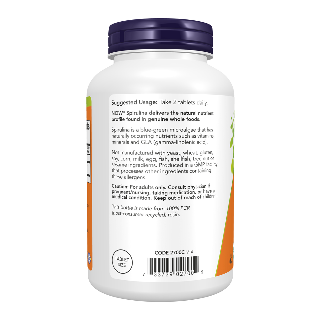 NOW Foods Spirulina 500 mg, Organic - 500 Tablets – Left label / Etykieta producenta