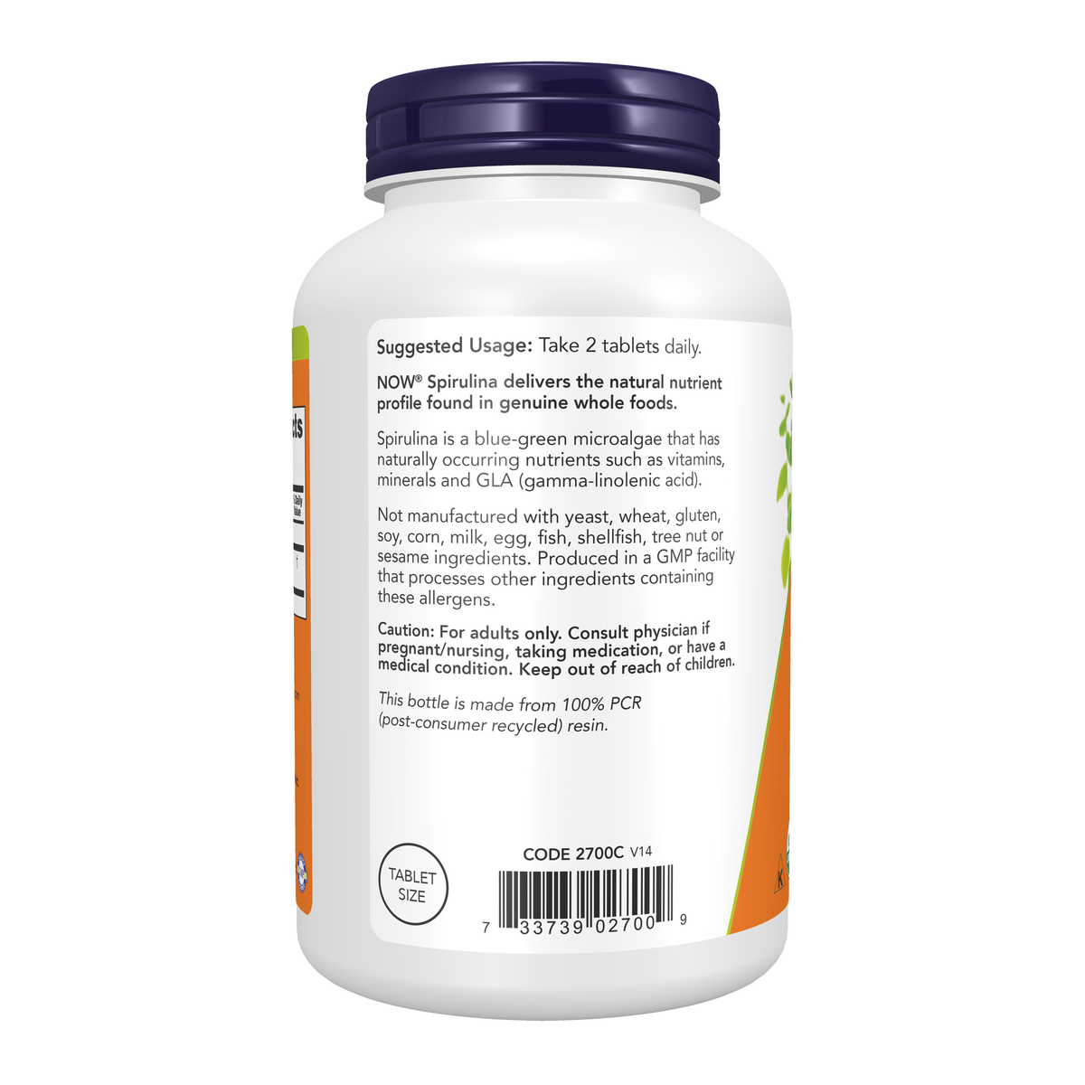 NOW Foods Spirulina 500 mg, Organic - 500 Tablets – Left label / Etykieta producenta